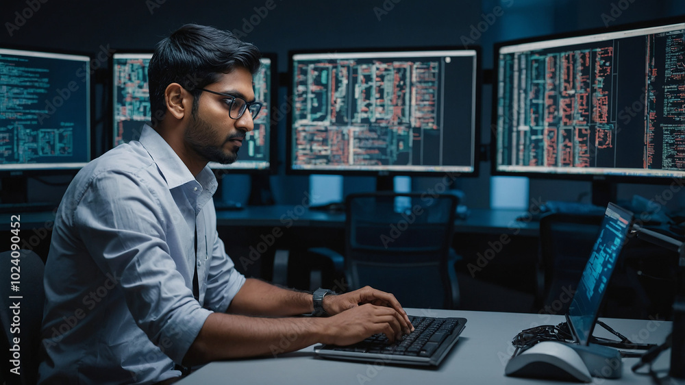 Poster an indian software engineer working on a futuristic computer writing a code in modern office environ