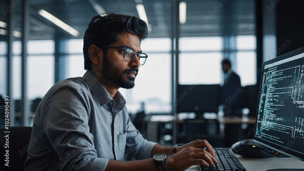 Poster an indian software engineer working on a futuristic computer writing a code in modern office environ