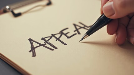 Close-up of hand writing appeal on paper with pen