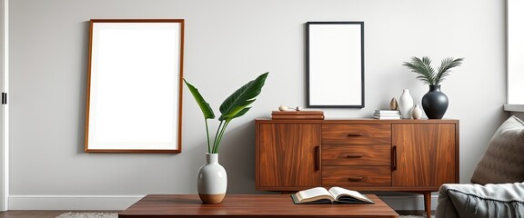 Living room with poster frame, commode, and tropical leaf vase. AI generate.