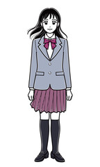 風で髪がなびいているブレザーの女子高生（シンプル）