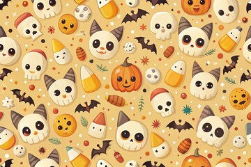 Cute Halloween Pattern with Happy Skulls, Smiling Bats, and Candy Corn on Soft Yellow Background