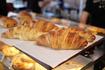 fresh baked croissant in a bakery 