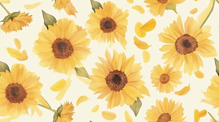 Bright and Cheerful Sunflower Pattern with Yellow Petals on a Light Background for Floral and Nature-Themed Designs