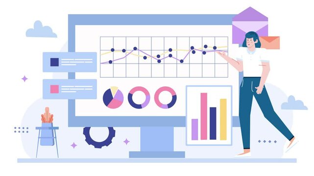 a businesswoman presenting data analytics on a screen with various graphs and charts illustration animated video