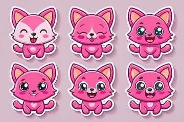 Cute Pink Cat Character Head Set Mascot Stickers with Emotions - Adorable Vector Animal Illustrations for Creative