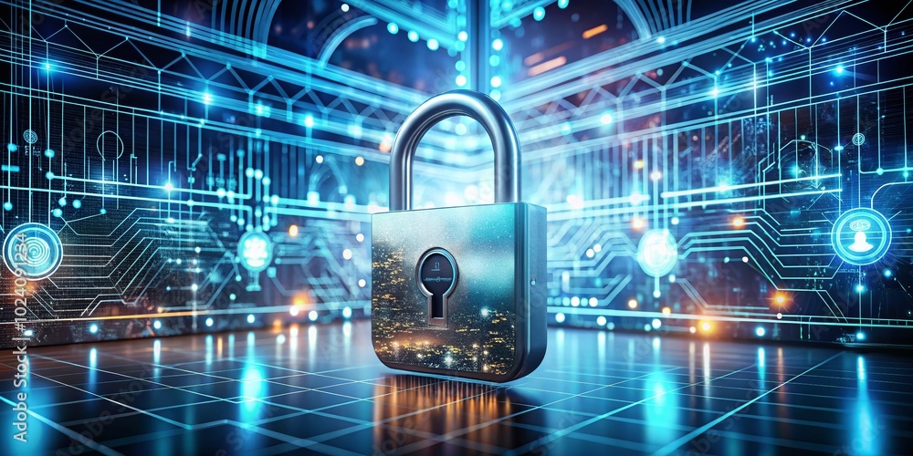 Poster cyber security and data protection concept with secure lock on digital background