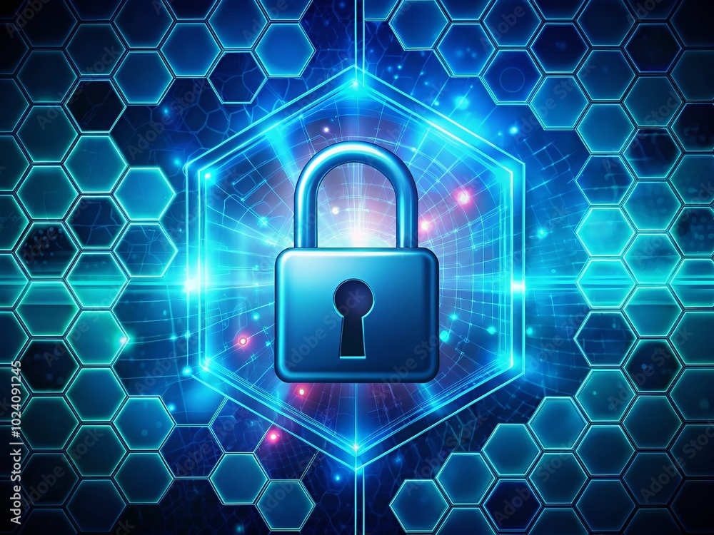 Poster cyber security concept with lock symbol and hexagon technology for data protection on blue backgroun