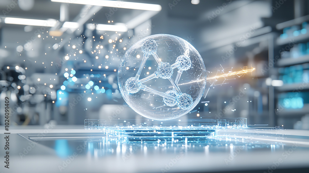 Aufkleber futuristic molecular structure with glowing particles on a digital background.