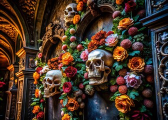 Obraz premium Dark Floral Skull Artwork - A Captivating Blend of Architecture and Nature
