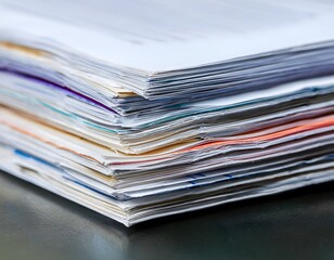 A colorful stack of magazines and documents piled together, showcasing various publications and information in an office setting