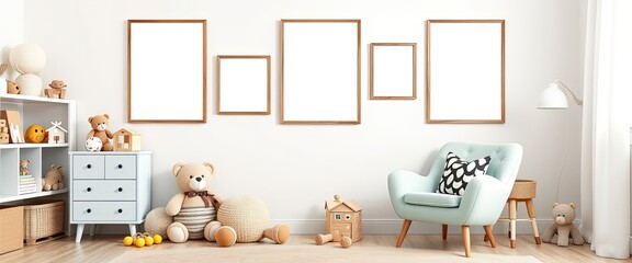 Kid room with mint armchair, teddy bear, and brown poster frame. AI generate.