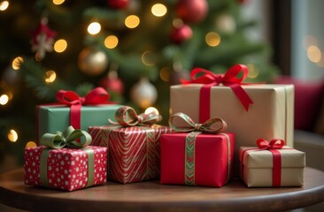 Festively wrapped Christmas presents placed on a wooden table near a beautifully decorated Christmas tree in a cozy setting