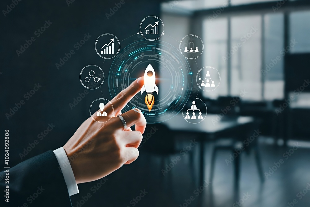 Poster hand interacting with futuristic digital interface with rocket and business icons.