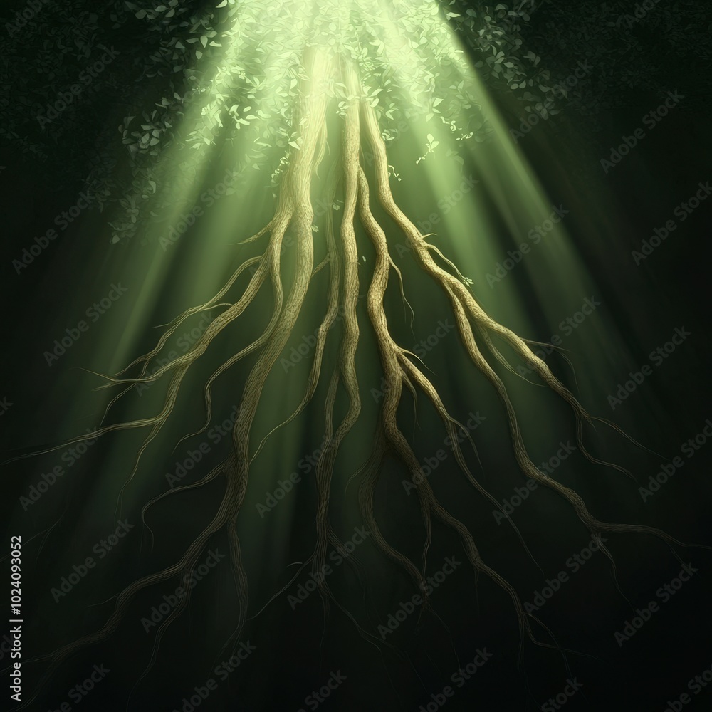 Poster sunlight illuminating tree roots in dark forest environment scene