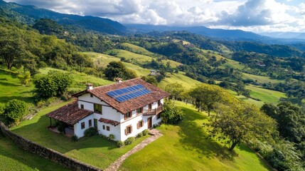 Aerial view of a countryside house with solar panels, surrounded by lush green hills and a clear blue sky, showcasing sustainable living.