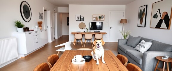 Living room with wooden table, chairs, and dog on the couch. AI generate.
