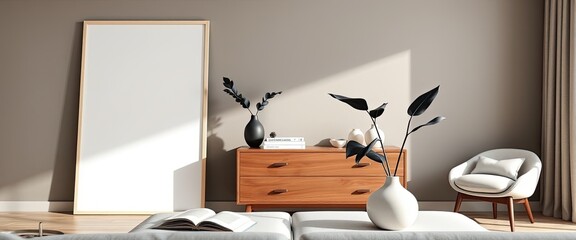 Living room with poster frame, commode, and ceramic vase. Minimalist decor. AI generate.