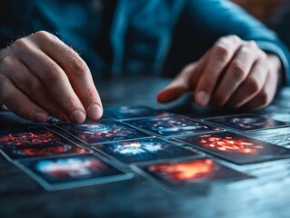 Naklejka premium Hands sorting vibrant cards on a wooden table, creating a strategic layout for a game or creative project.