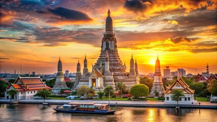 Fototapeta premium Discover the Stunning Wat Arun Temple in Bangkok, Thailand - A Majestic Riverside Landmark with Intricate Architecture