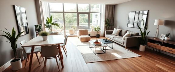 Scandinavian living room with furniture, sofa, and plants. Bright and sunny. AI generate.