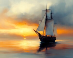 Obraz premium sailboat sailing sunset blurred dreamy illustration galleon ambient captain crew wanderers traveling afar splash narrow passage