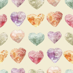 Naklejka premium Delicate watercolor heart shaped gemstones in soft pastel colors create charming pattern. Perfect for romantic designs and artistic projects.