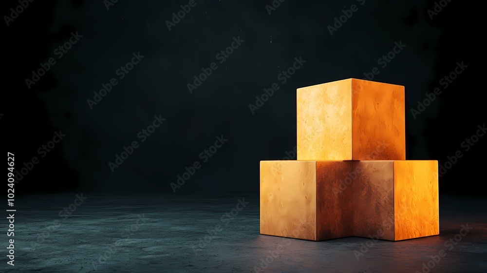 Poster the image is of three gold-colored cubes on a dark textured surface. they are glowing softly in the 