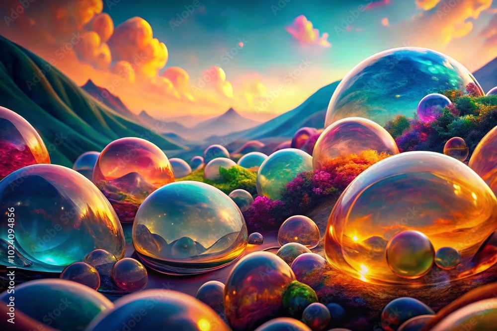 Poster dreamlike abstract landscape of translucent shapes overlapping in a colorful harmony inviting explor