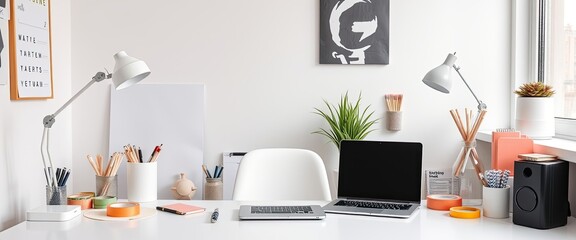 Home office with desk, office supplies, and notes. Copy space. AI generate.