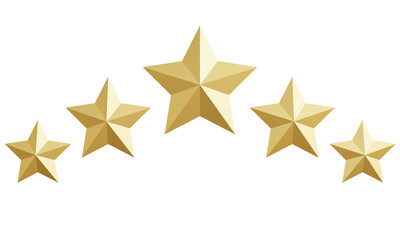 Shiny gold five star rating concept, ideas, testimonials, ratings, feedback, surveys, quality and reviews, achievements or goals, 3D renderings.