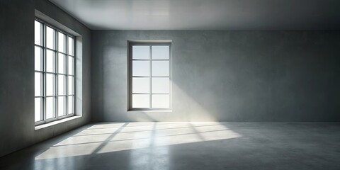 Fototapeta premium Sunlight streams through two large windows illuminating the expanse of a bare concrete room, casting long shadows on the polished floor.