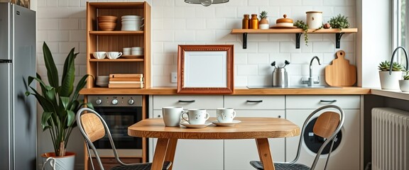 Retro kitchen with small table, mock-up frame, and succulents. Scandinavian decor. AI generate.