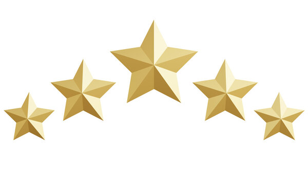 Shiny gold five star rating concept, ideas, testimonials, ratings, feedback, surveys, quality and reviews, achievements or goals, 3D renderings.