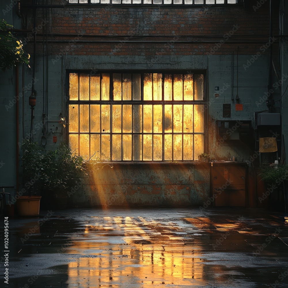 Poster sunlight streams through a large window in an industrial building, illuminating the wet concrete flo