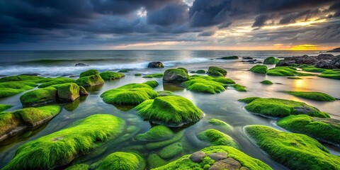 Naklejka premium A tranquil landscape featuring a serene ocean scene with rocks adorned in a vibrant carpet of green moss, softened by the delicate touch of a gentle sunset glow.
