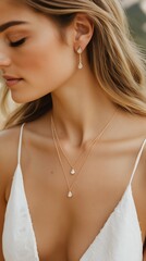 woman wearing white dress necklace pearl drop coveted row bust long neck soft sanded coastlines inspiring unconnected brand labels pointed hoods