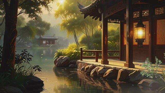 Classic Chinese style house by the river, seamless and looping 4K virtual video animation background