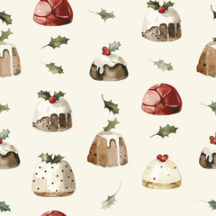 Delightful watercolor Christmas puddings adorned with subtle holly leaves create festive pattern. Perfect for holiday themed designs.
