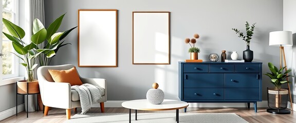 Scandinavian living room with blue commode, clock, and plants. AI generate.