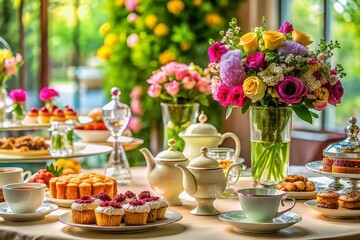 Elegant Banquet Dessert Table Setup with Plates, Cutlery, Glasses, Teapot, and Flower Arrangements for Special