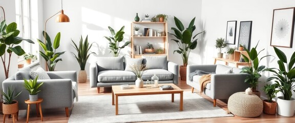 Fototapeta premium Scandinavian living room with gray sofa, armchair, and plants. Cozy decor. AI generate.