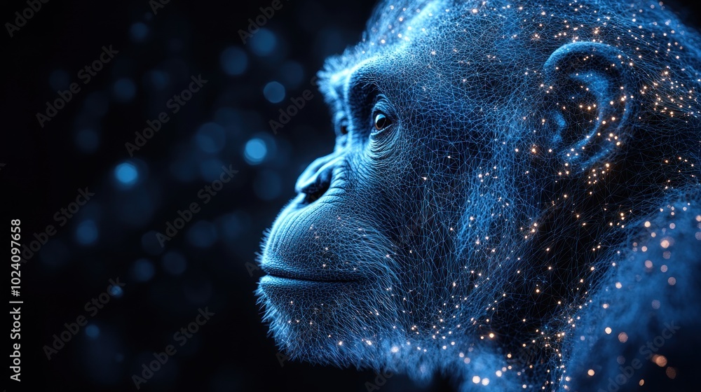 Poster a digital rendering of a chimpanzee's head with glowing particles on a dark background.