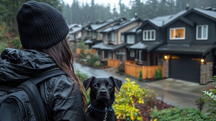 woman dressed in a black jacket and beanie walks with her dog through a rainy suburban neighborhood, capturing a cozy yet moody autumn or winter scene