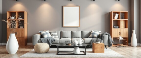 Scandinavian dining room with gold lamp and sharing table. AI generate.