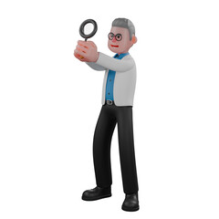 Illustrated Physics Expert . A male physicist stands holding a magnifying glass in both hands. 3D Male Physicist