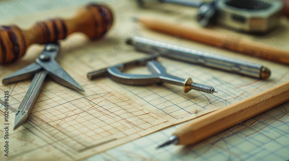 Poster geometric tools on grid paper, showcasing compasses, protractors, and various geometric shapes arran