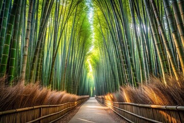 Intricate bamboo tunnel with light and shadow patterns