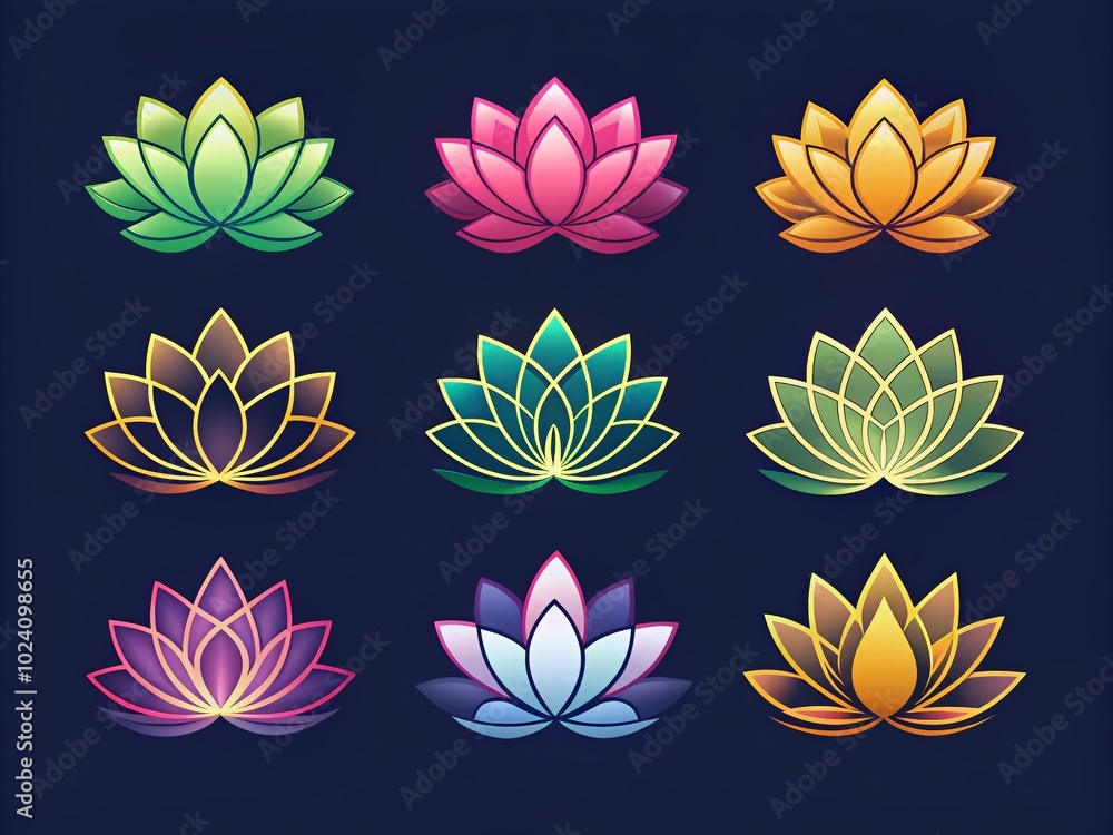 Poster elegant outline lotus icons vector set for minimalist design and branding