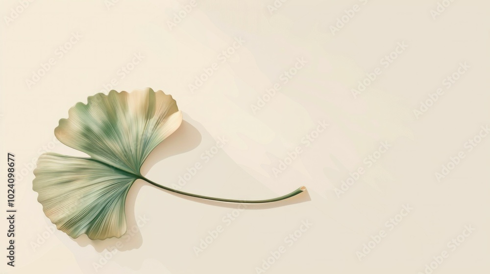 Poster botanical leaf, ginkgo foliage with intricate details on a soft beige background, highlighting textu